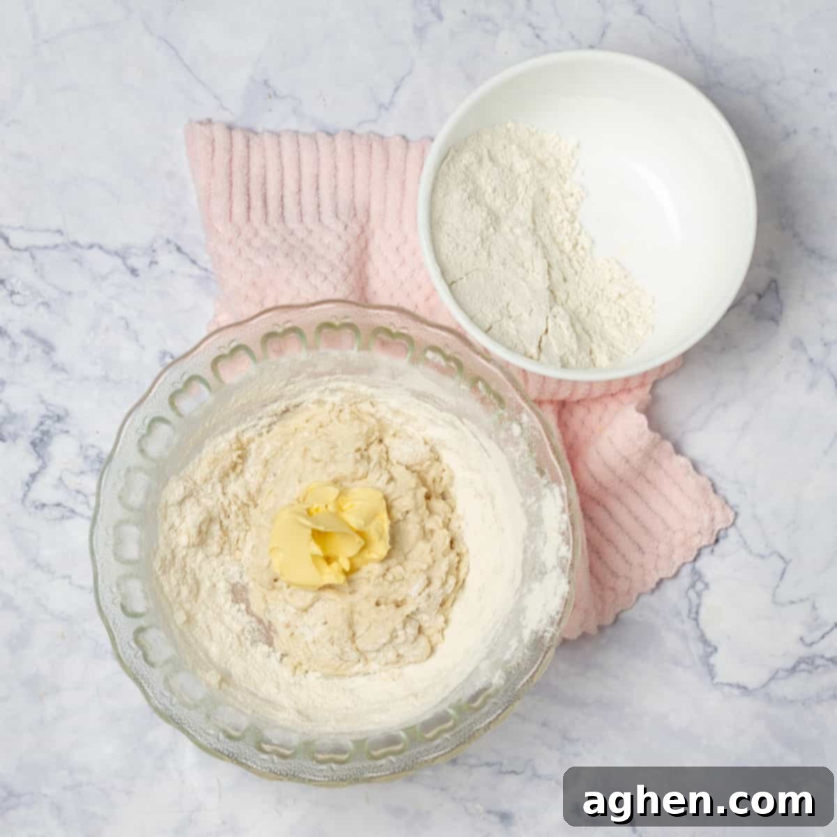 Warm Up Cold Nights with a Hearty Beef Pie 4 Step-by-step dough preparation: combining active dry yeast with warm water, and cutting cold butter into flour in separate bowls.