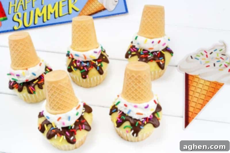 Close-up of a single melting ice cream cone cupcake with chocolate drips and rainbow sprinkles.