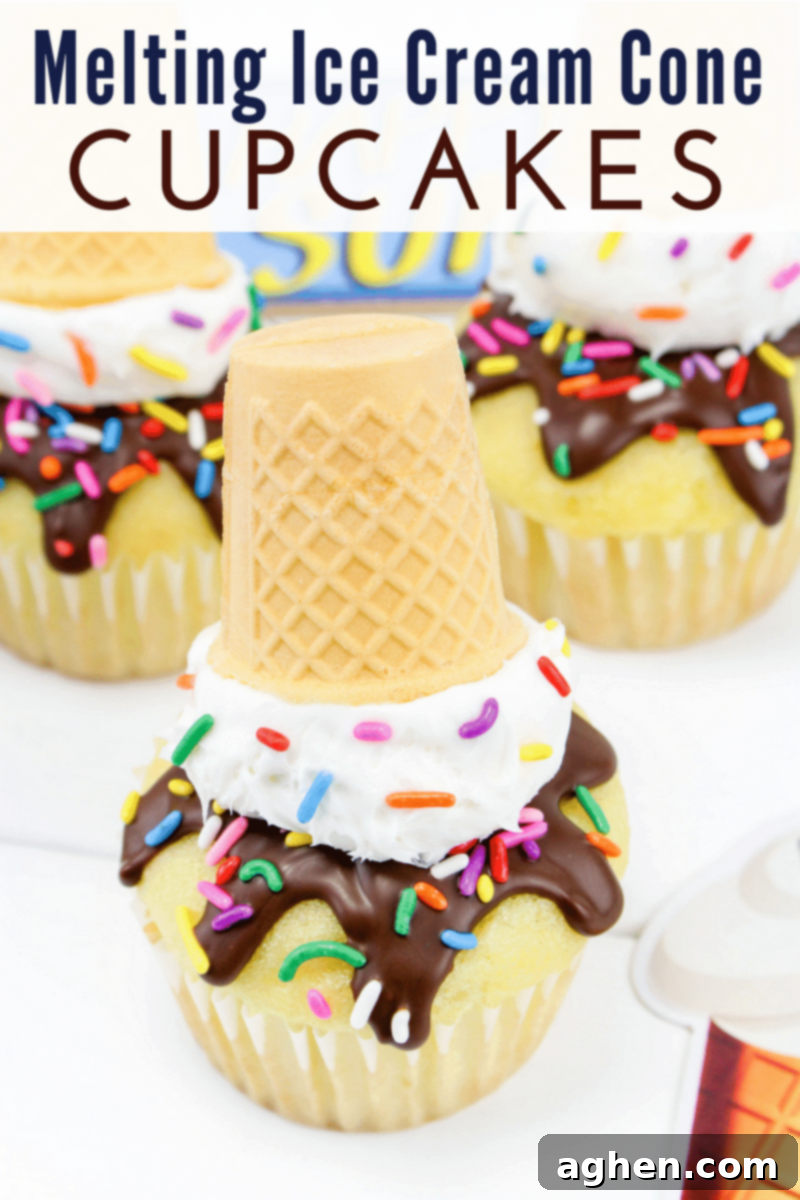Pinterest-friendly vertical image showcasing several melting ice cream cone cupcakes with recipe title overlay.