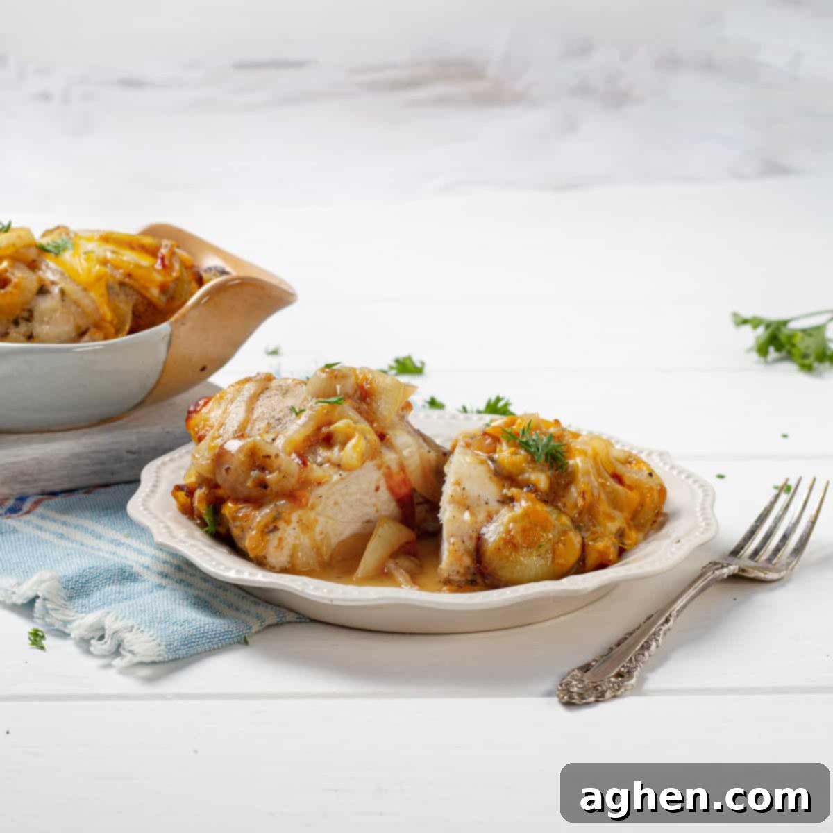 French Onion Chicken Casserole served on table