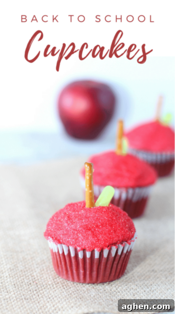 A Pinterest-friendly image promoting easy back to school apple cupcakes.