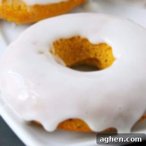 A square image of perfectly glazed baked pumpkin donuts on a white plate.