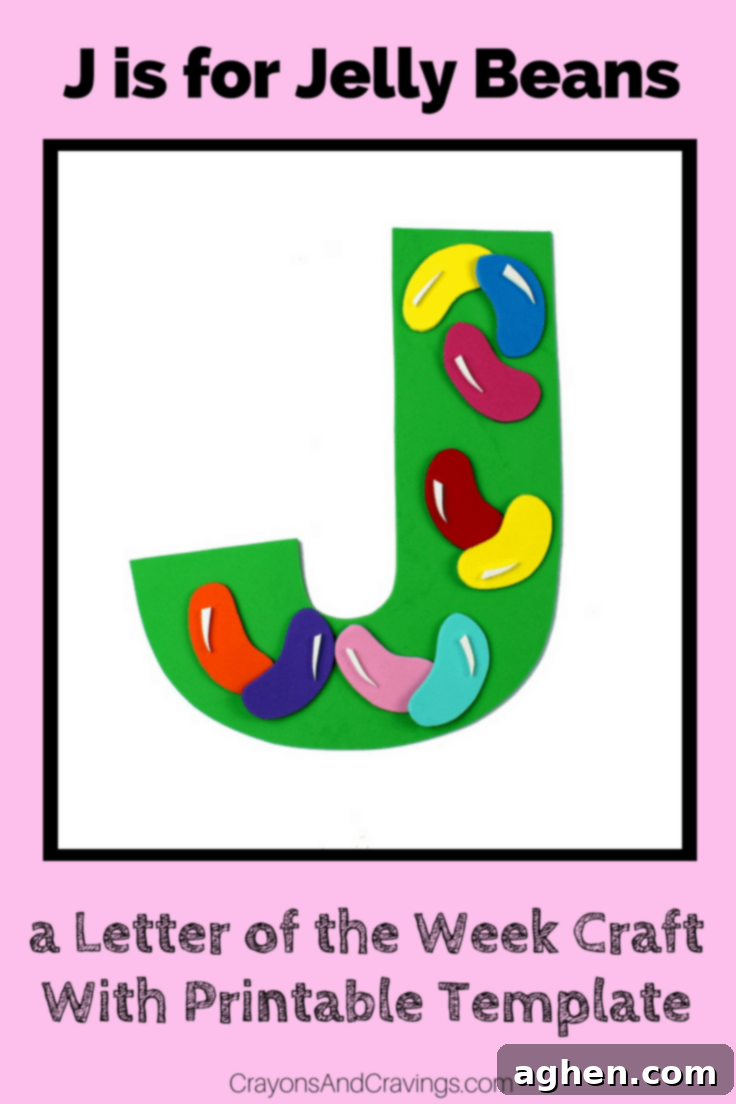 Letter J craft with printable template for preschoolers. A colorful 'J' decorated with jelly beans.
