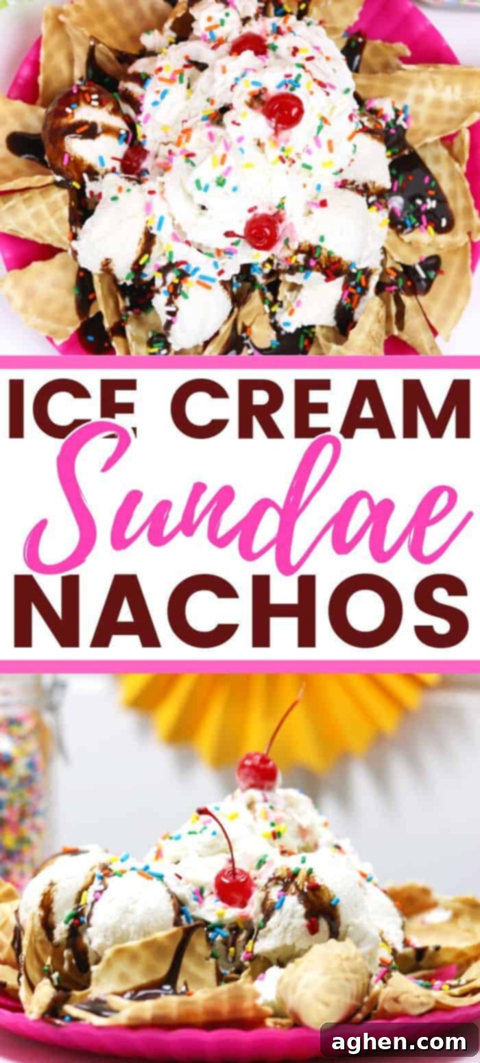 Ice Cream Sundae Nachos Pin: a beautiful platter of dessert nachos ready for sharing.