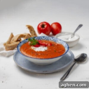 Tomato Soup served in a bowl with tomatoes at display