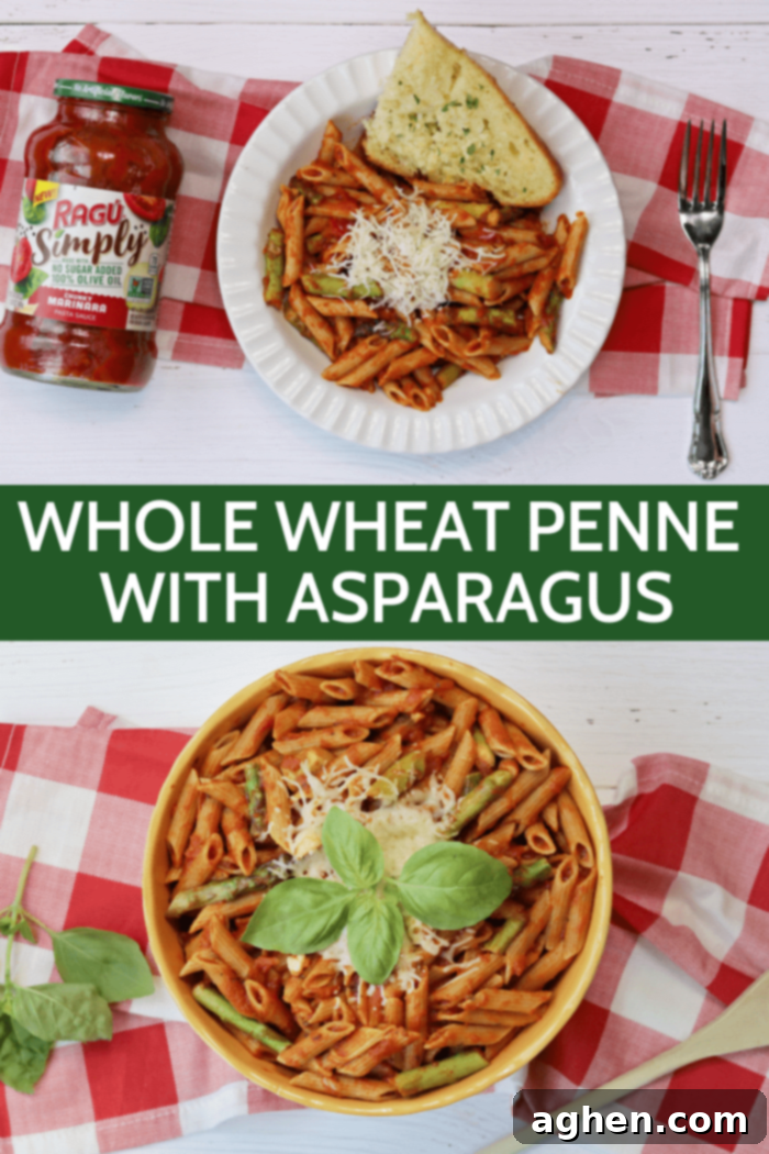 A close-up of Whole Wheat Penne with Asparagus, a healthy and quick weeknight dinner recipe.