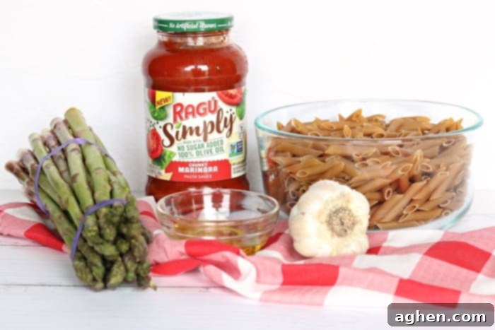 Easy Pasta with Asparagus Ingredients laid out for preparation.