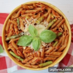 Delicious Whole Wheat Pasta with Asparagus and Marinara Sauce, a 20-minute meal.