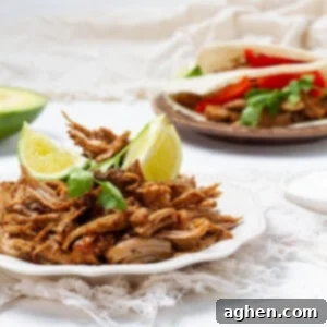 Carnitas platted with lemon slice and avocados