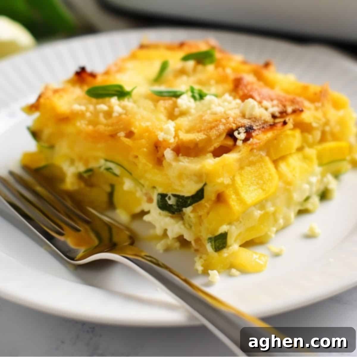 slice of squash casserole on white plate