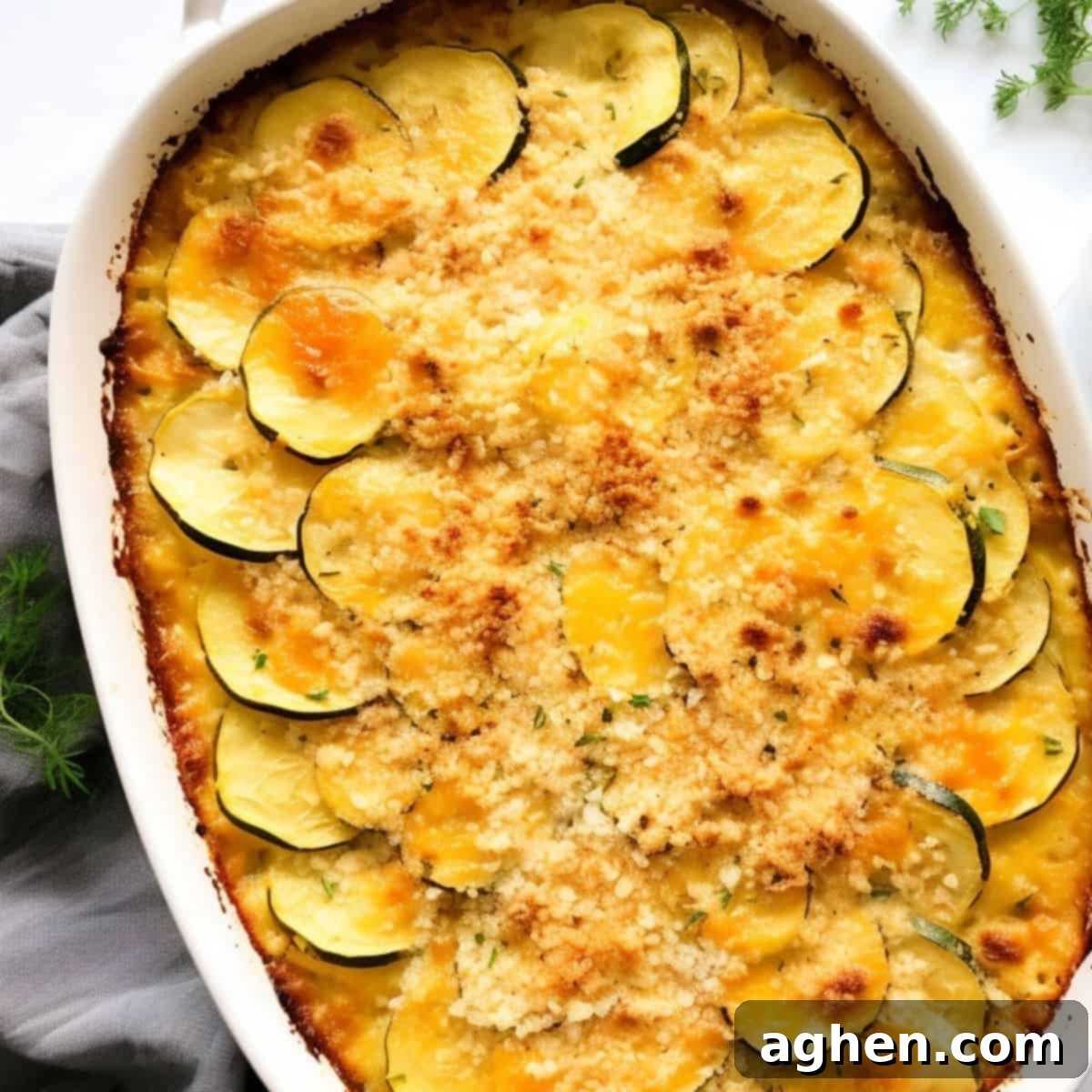 Squash casserole in white casserole dish 