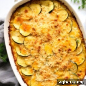 Squash casserole in white casserole dish