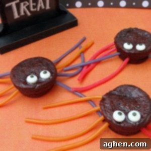 Spider brownie treats made with brownie bites, candy eyeballs, and licorice ropes.