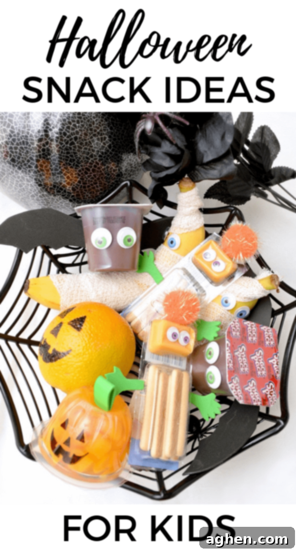 A Pinterest-friendly collage of various easy and fun non-candy Halloween snack ideas for kids, including mummy bananas, pudding bats, and monster cheese crackers.