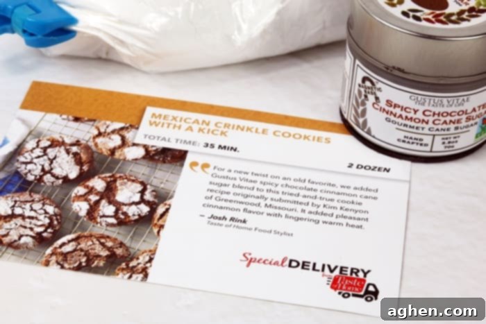 Taste of Home Mexican Crinkle Cookies with a Kick Recipe Card, showcasing the easy-to-follow instructions for a spicy chocolate cinnamon cookie.