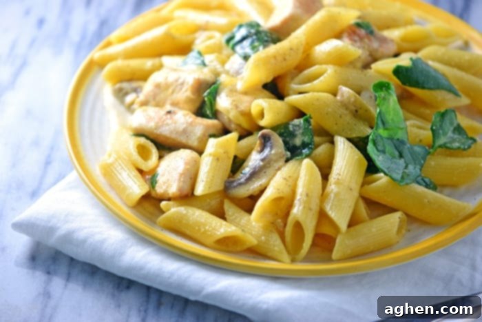 Close-up of a creamy one-pot chicken pasta dish, showcasing the rich sauce, spinach, and mushrooms