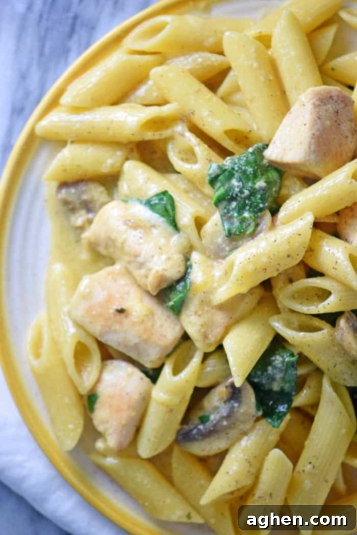 Serving of one-pot creamy chicken pasta with visible pieces of chicken, spinach, and mushrooms in a bowl