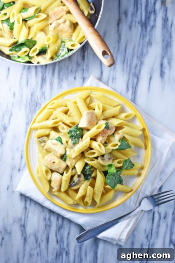 Overhead view of a large pan filled with creamy one-pot chicken pasta, ready to be served