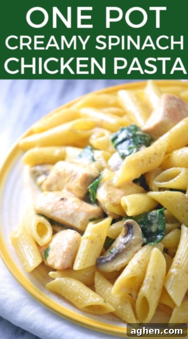 Tall Pinterest-friendly image of one-pot creamy spinach chicken pasta, perfect for pinning