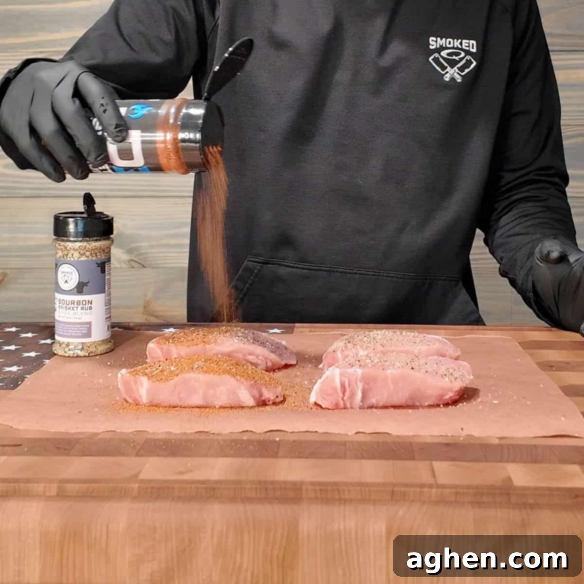 Thick-cut pork chops generously seasoned with two different rubs