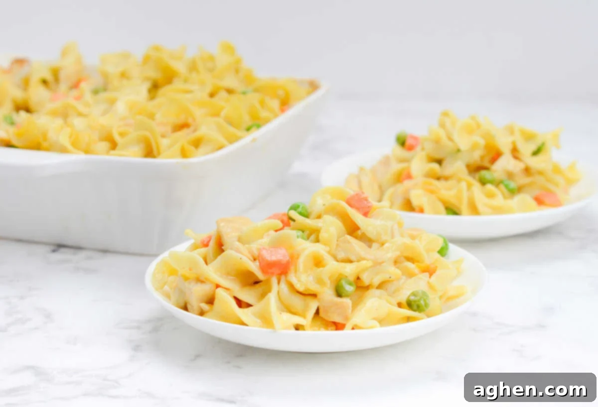 Heartwarming Chicken Noodle Bake 2 two servings of chicken noodle casserole on small white plates sitting beside a large casserole dish with the remaining finished meal