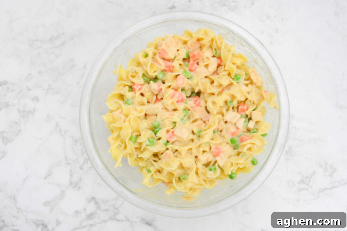 Heartwarming Chicken Noodle Bake 7 A clear bowl. Large egg noodles are added to the soup mixture.