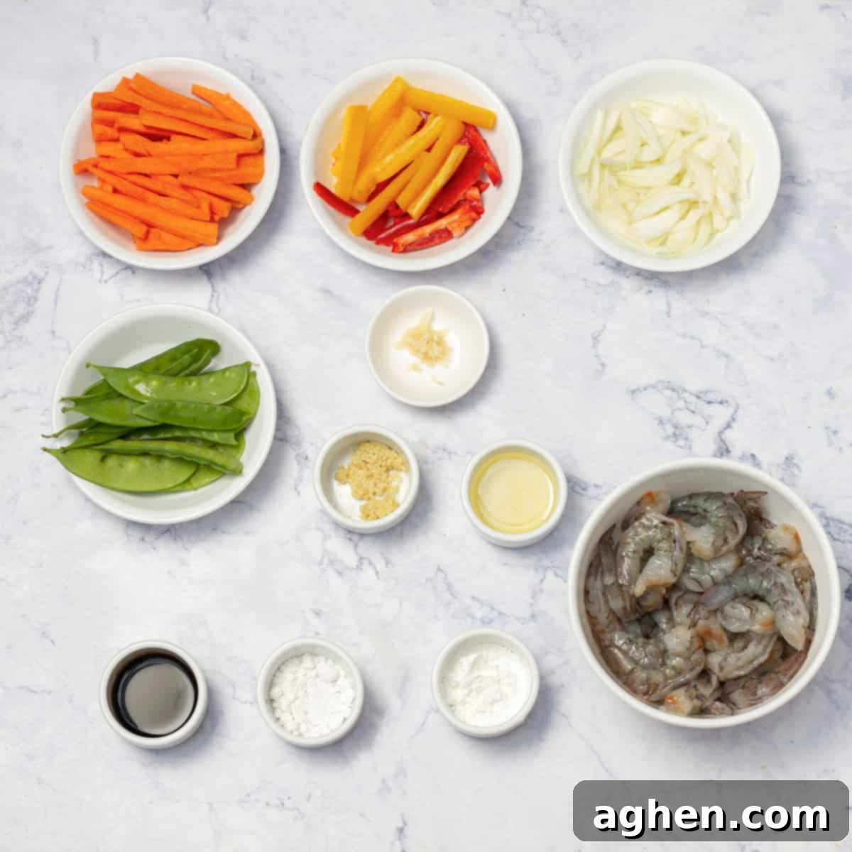 Shrimp Stir Fry Ingredients laid out on a kitchen counter