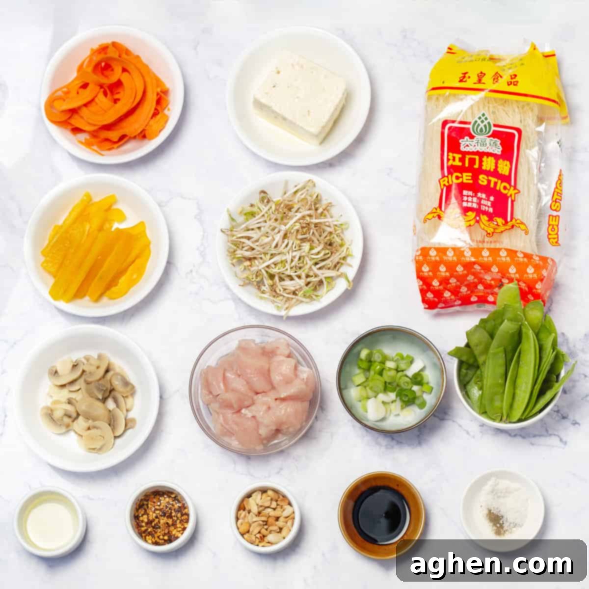 Dangerously Delicious Weight Watchers Thai Noodles 3 Fresh ingredients for Thai Noodles, including various vegetables, tofu, and chicken
