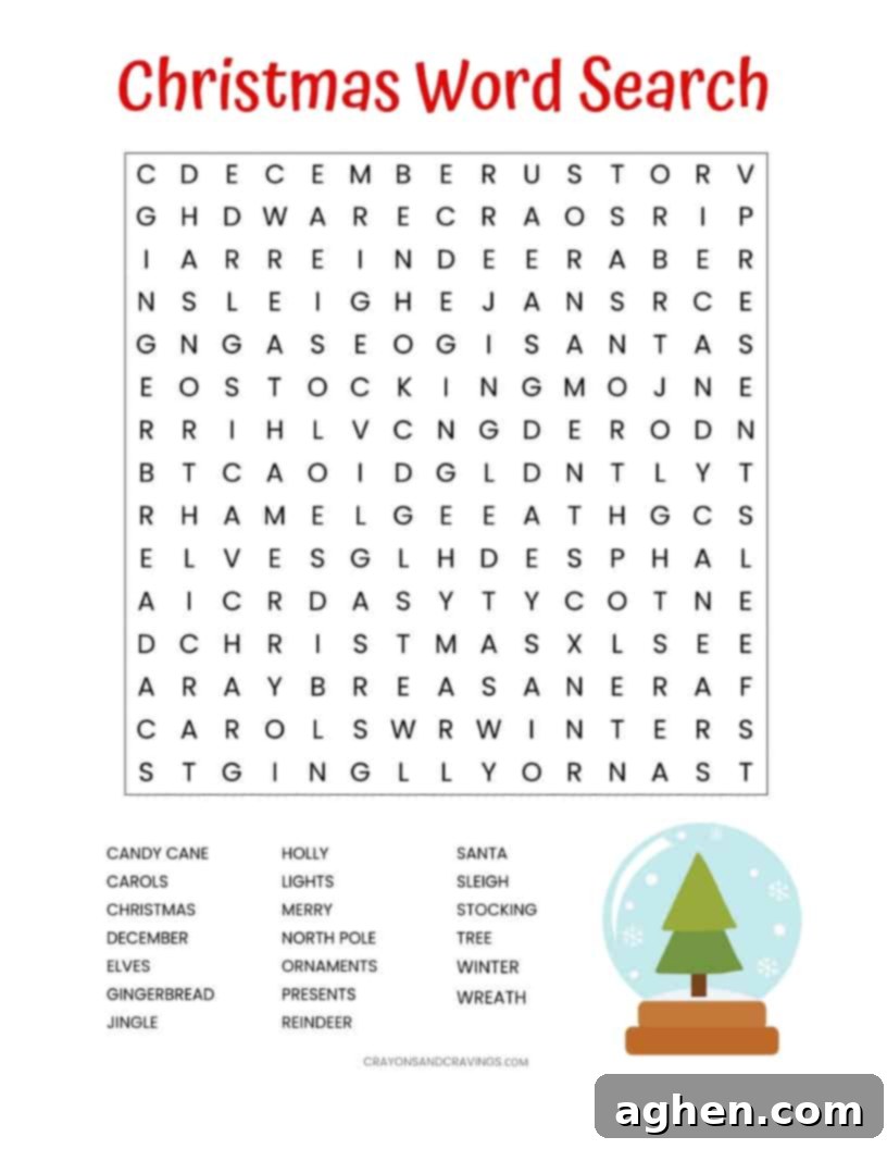 Festive Christmas Word Search Printable 3 Printable Christmas Word Search puzzle grid with a list of 20 festive words, ready for kids' activity.