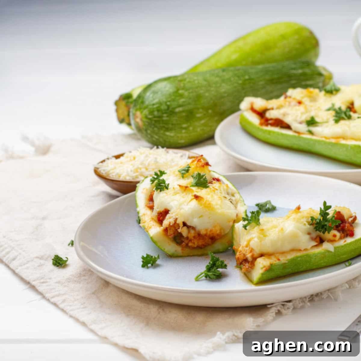 Zucchini Boats served in plates with Zucchini