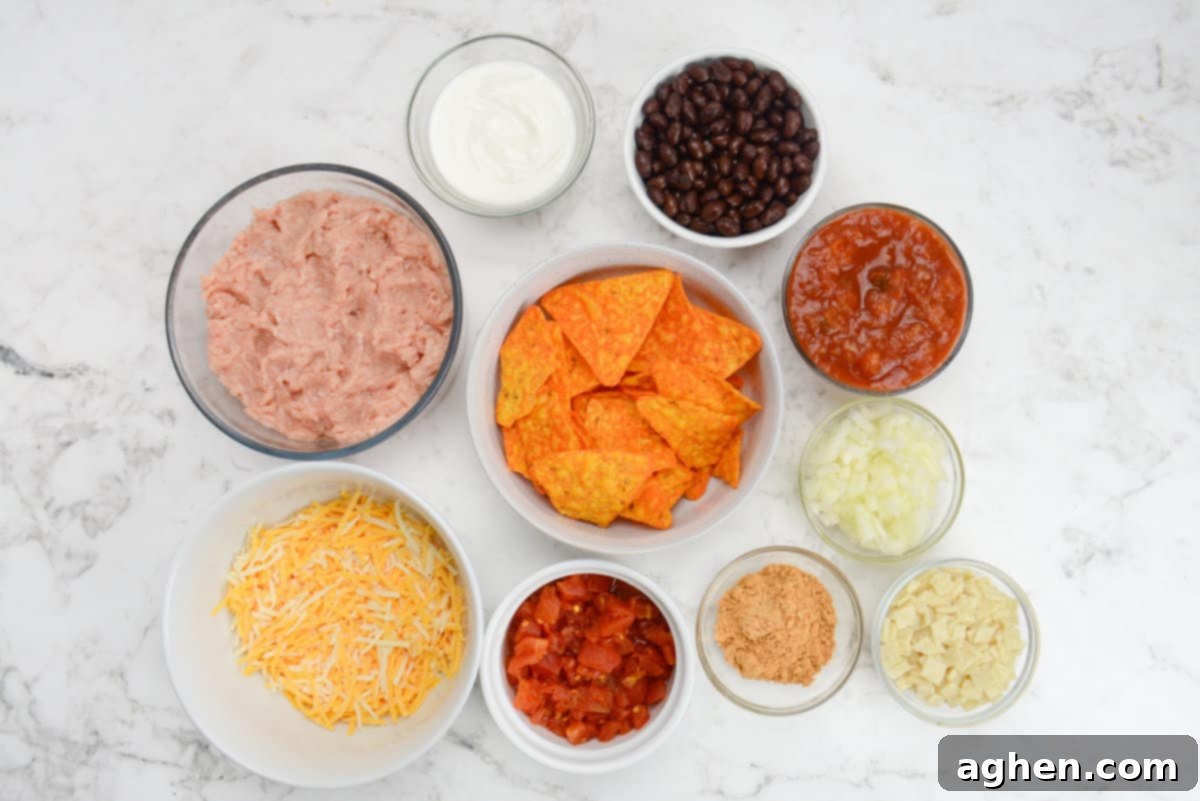 Indulge in Doritos Casserole on Weight Watchers! 3 A variety of bowls filled with the casserole ingredients.