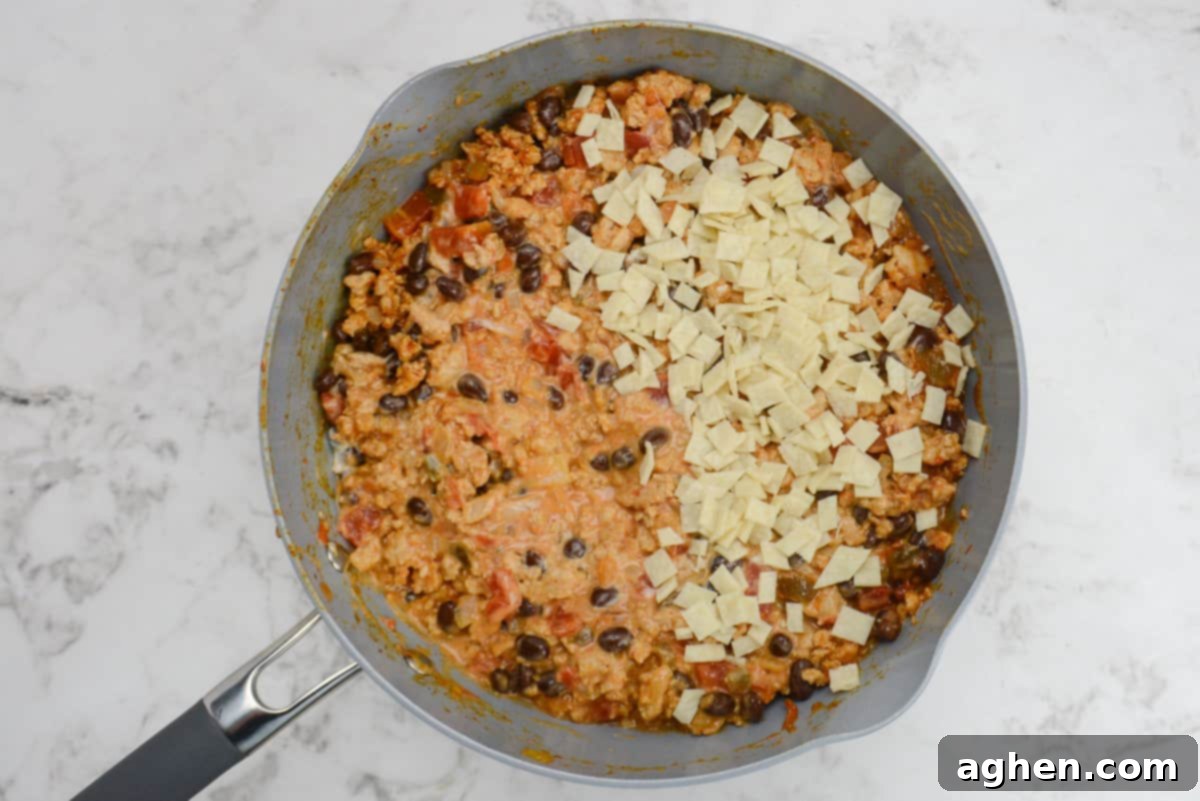 Indulge in Doritos Casserole on Weight Watchers! 8 Small white pieces of corn tortilla sit on top of the mixed ingredients