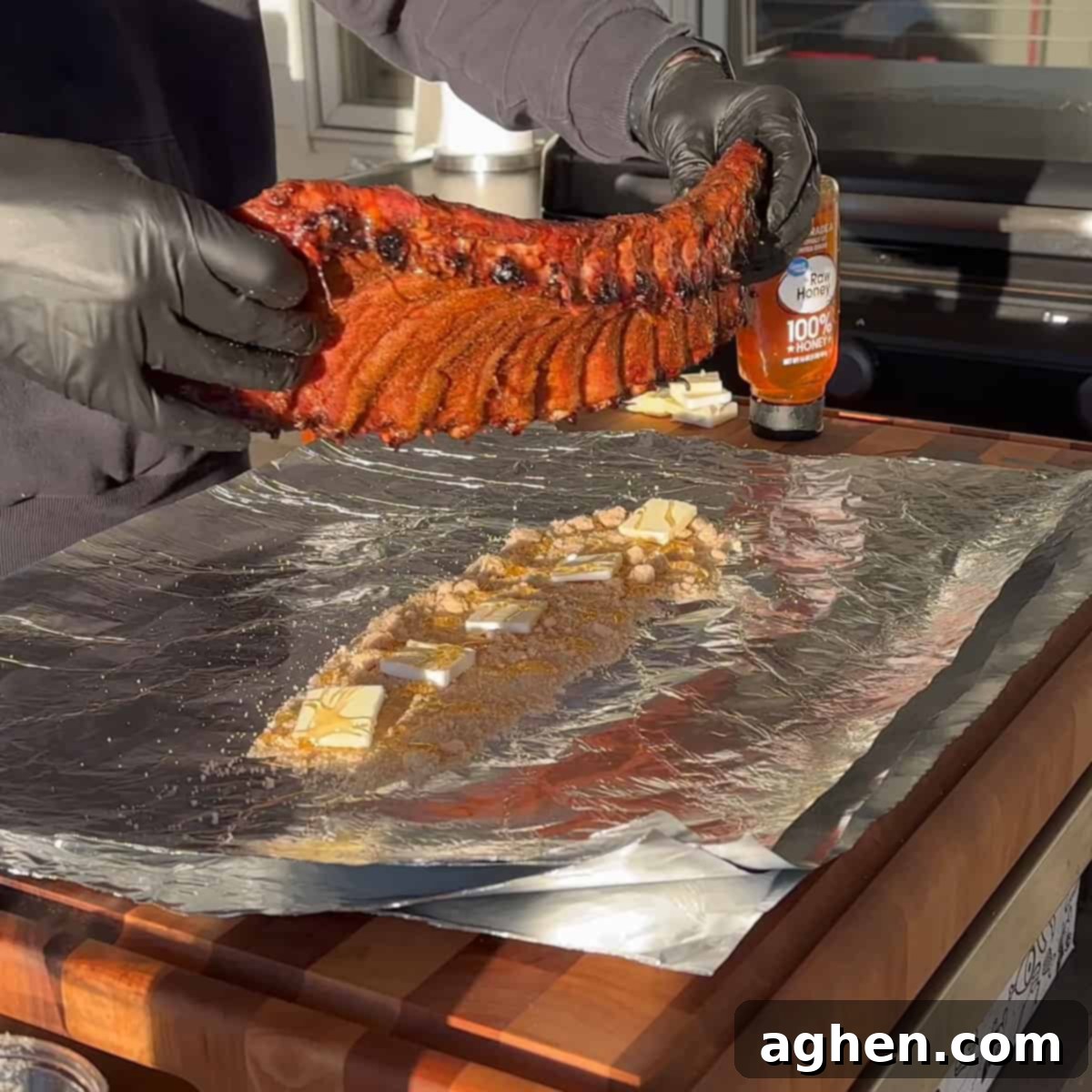 Wrapped ribs with brown sugar, butter, and honey