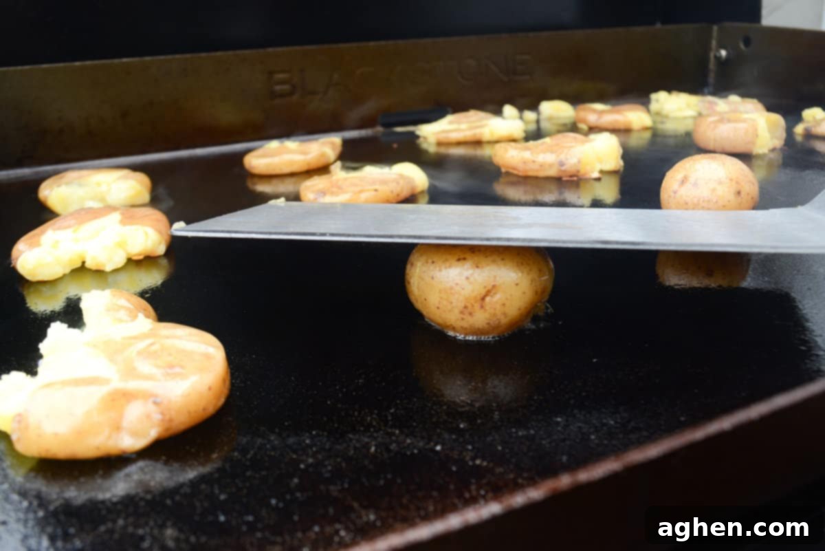 Crispy Blackstone Smashed Potatoes 9 freshly smashed potatoes sitting on a blackstone griddle. a spatula is smashing one potato in the foreground.