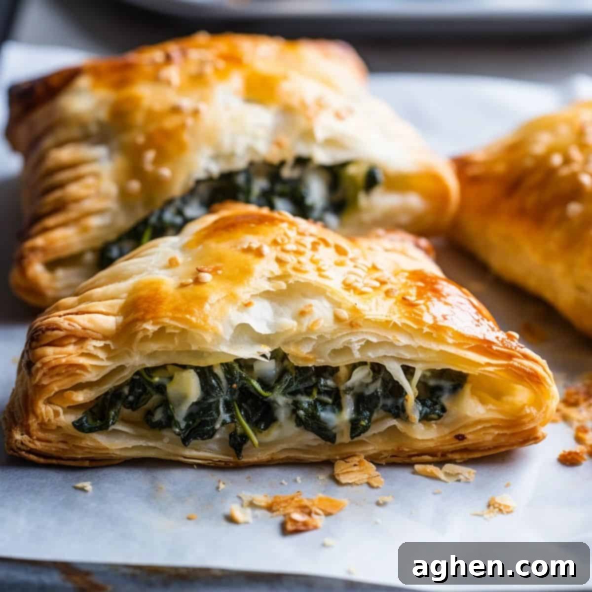 Golden brown spinach and cheese puff pastry hand pies resting on a baking sheet, ready to be enjoyed.