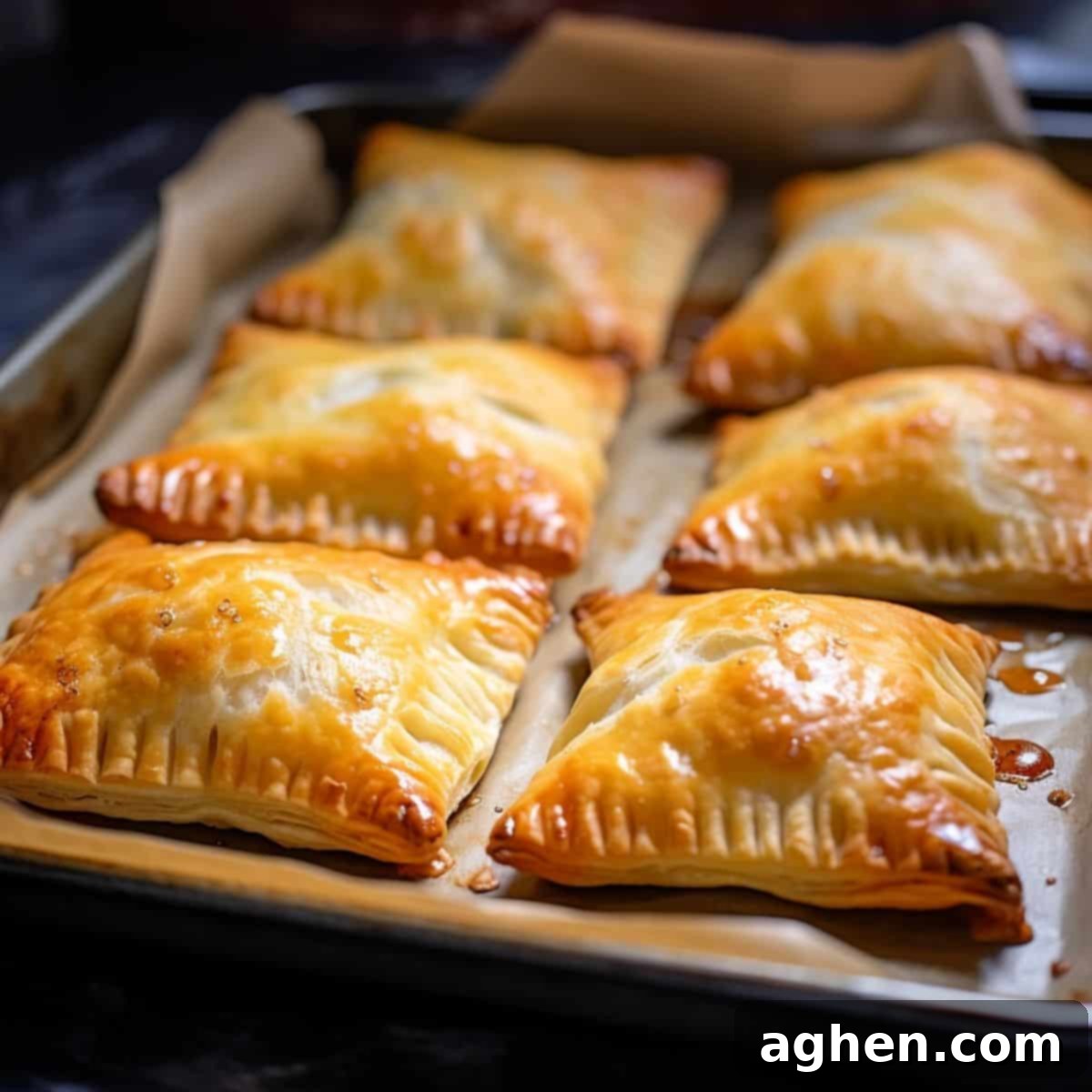 Freshly baked, golden brown spinach and cheese hand pies cooling on a baking sheet, showcasing their flaky crust.