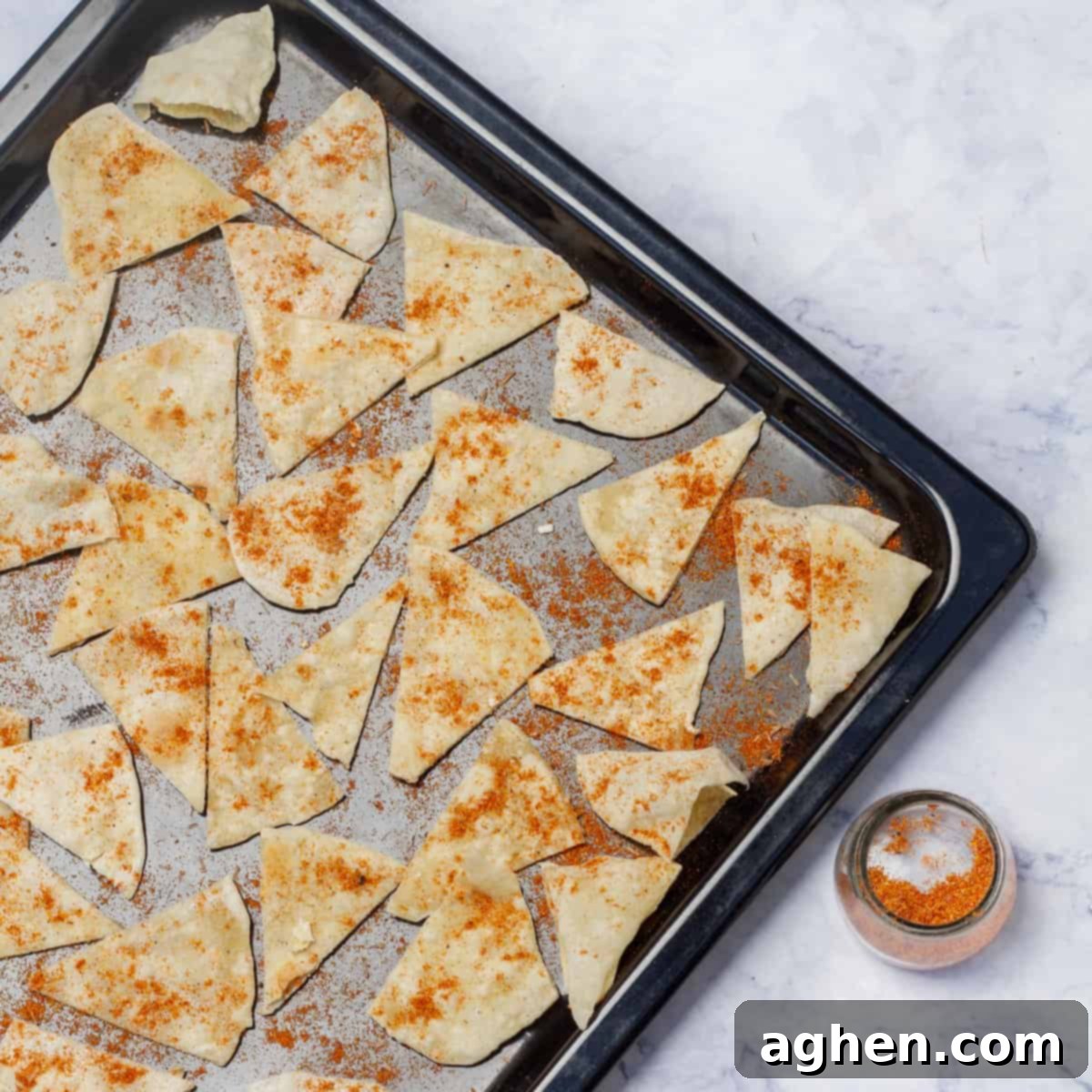 Classic Migas Gets a Healthy Makeover with Weight Watchers 4 Seasoning and baking the tortilla crumbles on a baking sheet.