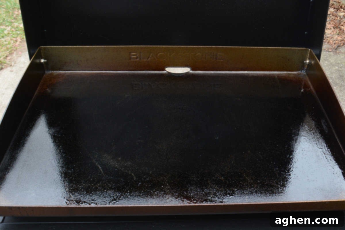 A Blackstone griddle, gleaming with a fresh application of cooking oil, steadily preheating to a perfect medium-low temperature, ready for the salmon.