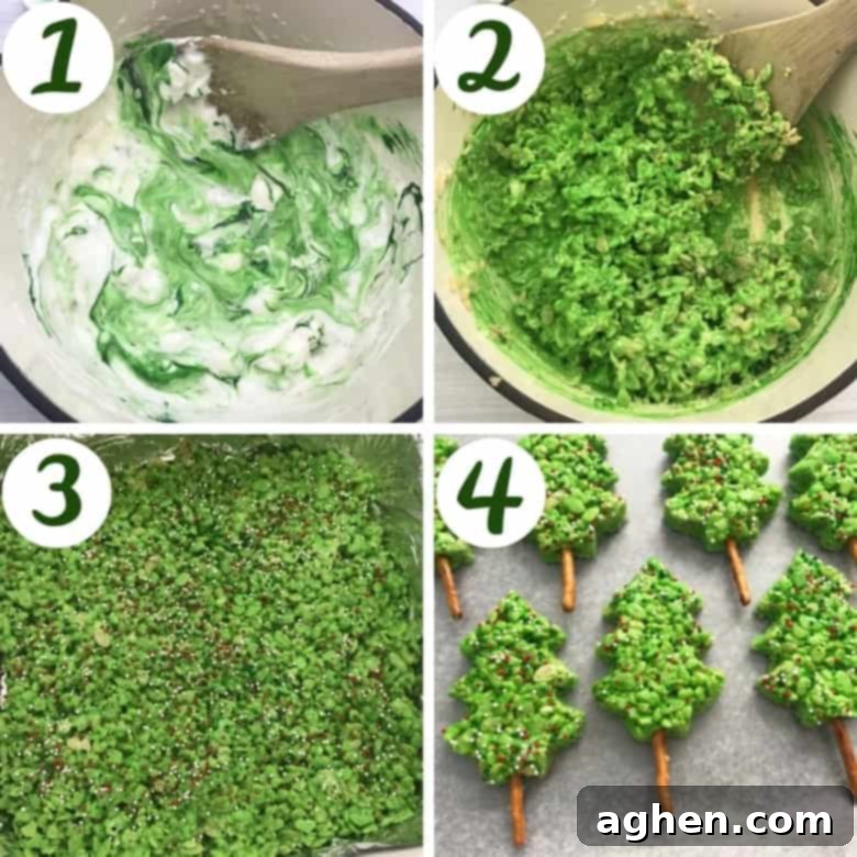 Steps for making green Rice Krispie Christmas Trees, showing the mixture in a pan with sprinkles