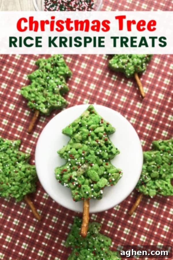 Pin this recipe for easy, no-bake Christmas Tree Rice Krispie Treats to Pinterest for later