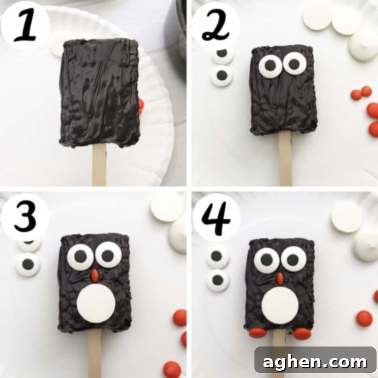 These adorable penguin Rice Krispie Treats take minutes to make using store-bought Rice Krispie Treats, candy melts, and a few candies.