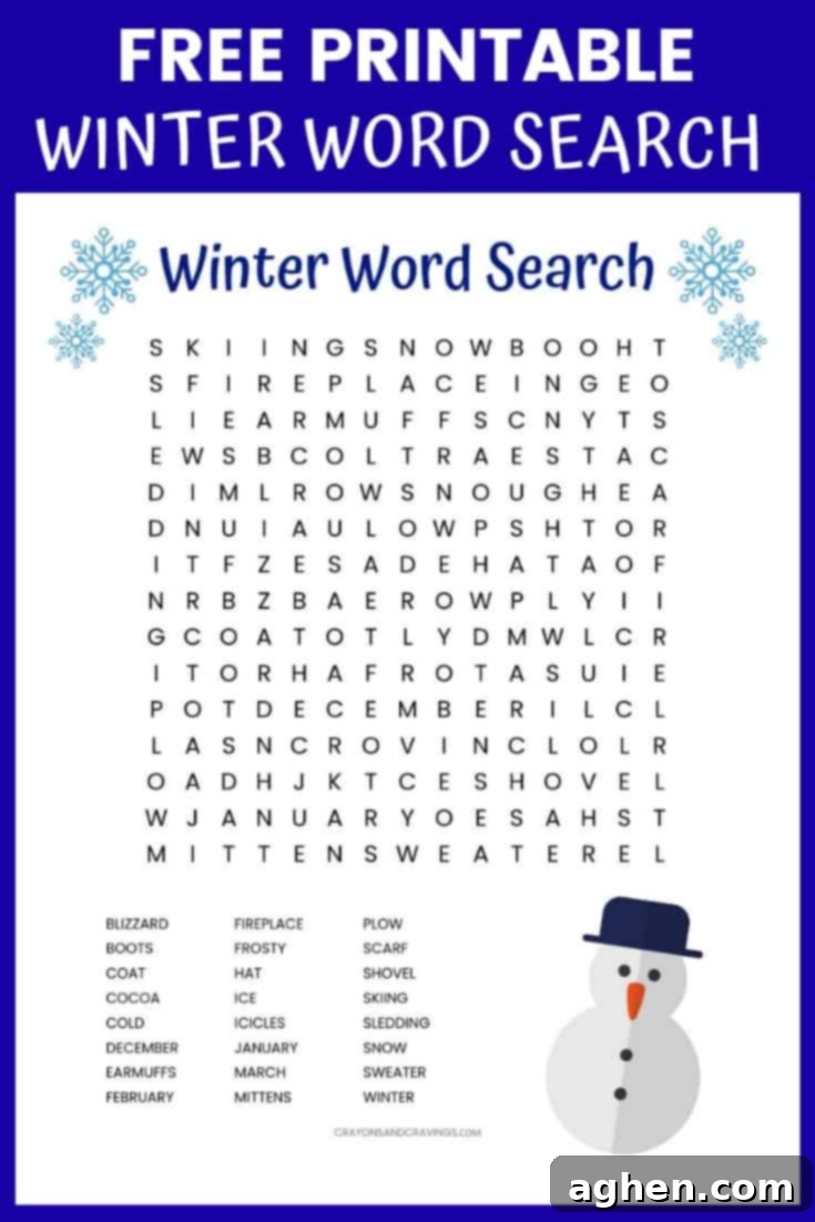 Free printable Winter word search puzzle with 24 Winter themed vocabulary words. Download and print for the classroom or as a fun activity at home, featuring snowmen and winter scenes.