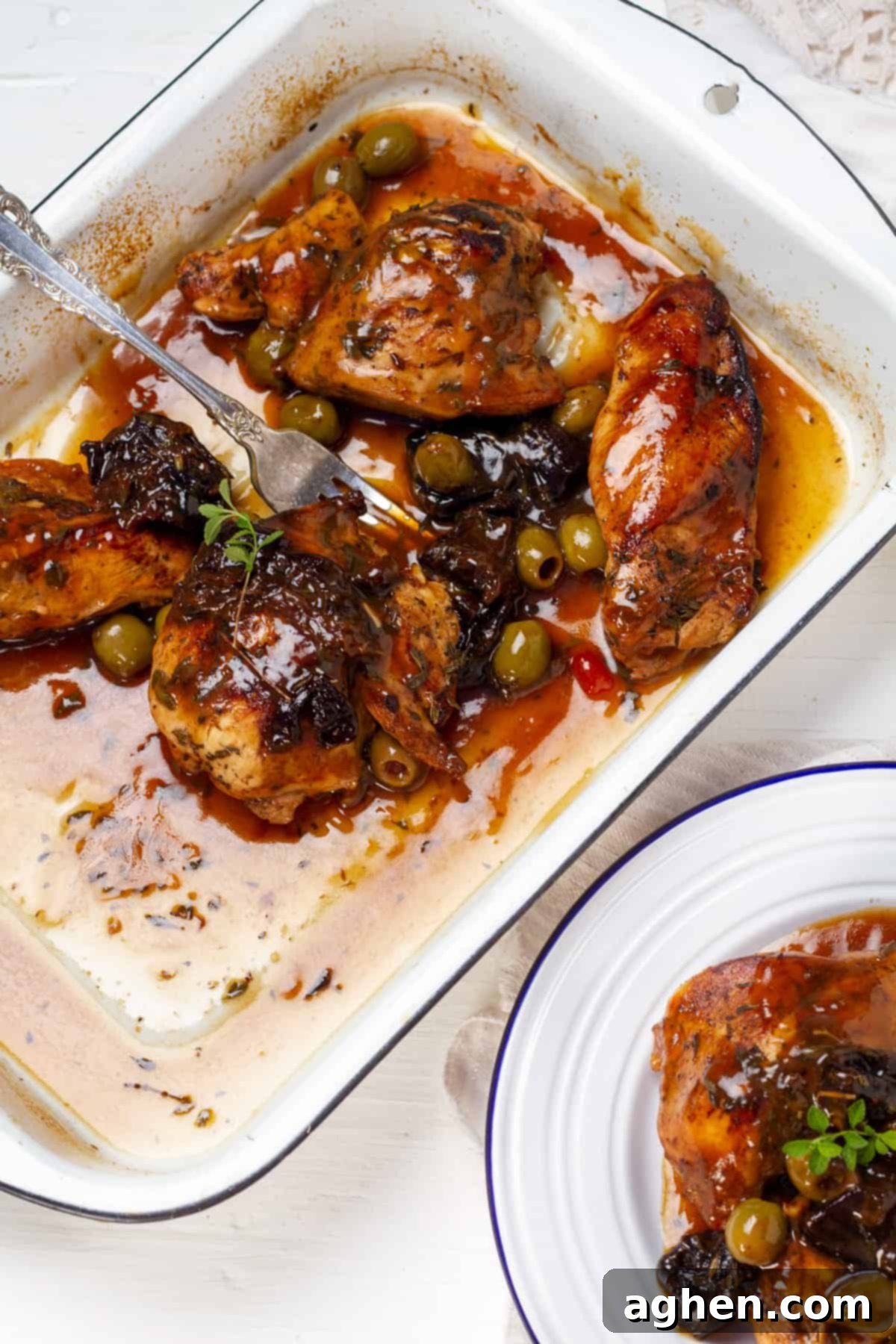 Chicken Marbella served in a tray and plate