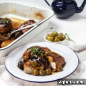 Chicken Marbella served in a tray and plate