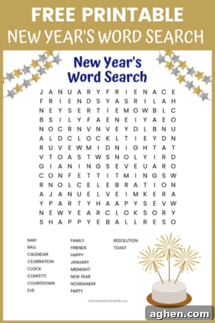 Free New Year's Word Search printable worksheet with 18 New Year's themed vocabulary words. A fun word find activity for kids and adults alike!