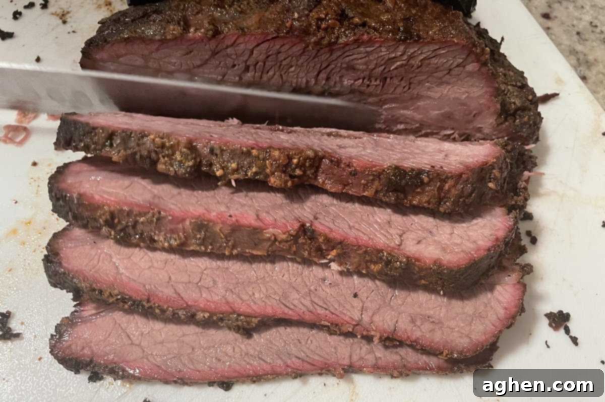 Aaron Franklin's Brisket: Can My Big Green Egg Handle It? 9 Sliced brisket showing moist interior and bark