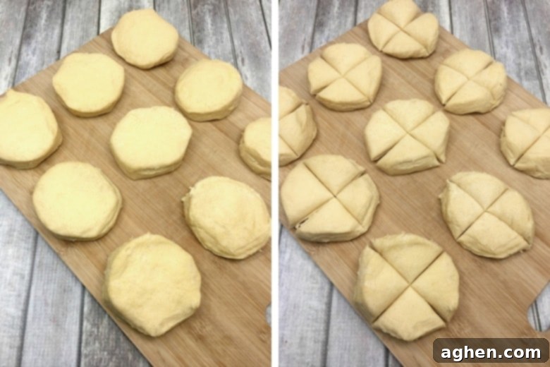 Refrigerated biscuit dough laid out on a cutting board, ready to be cut into quarters for making easy Christmas Monkey Bread.