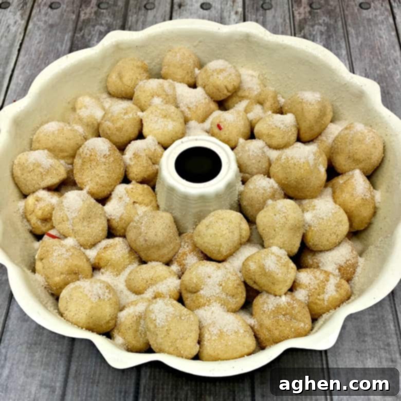 Chocolate-stuffed monkey bread dough balls, thoroughly coated in cinnamon-sugar, arranged neatly inside a greased bundt pan, ready for the butter sauce and baking.
