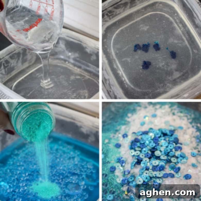 Four-panel collage demonstrating steps to make Frozen slime: pouring glue, adding blue colorant, mixing glitter, and incorporating snowflake beads