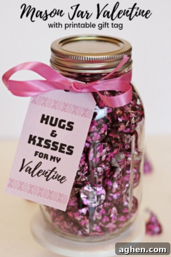 An easy mason jar Hershey Kisses Valentine gift tutorial, complete with a printable "hugs and kisses for my Valentine" tag.